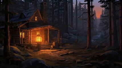 Serene cabin bathed in the soft, warm light of lanterns. Cozy retreat in the woods, peaceful rural evening, rustic solitude. Generated by AI.