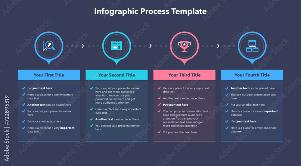 Fototapete Infographic process template with four steps - dark version. SImple chart design for workflow layout, diagram, banner, web design.