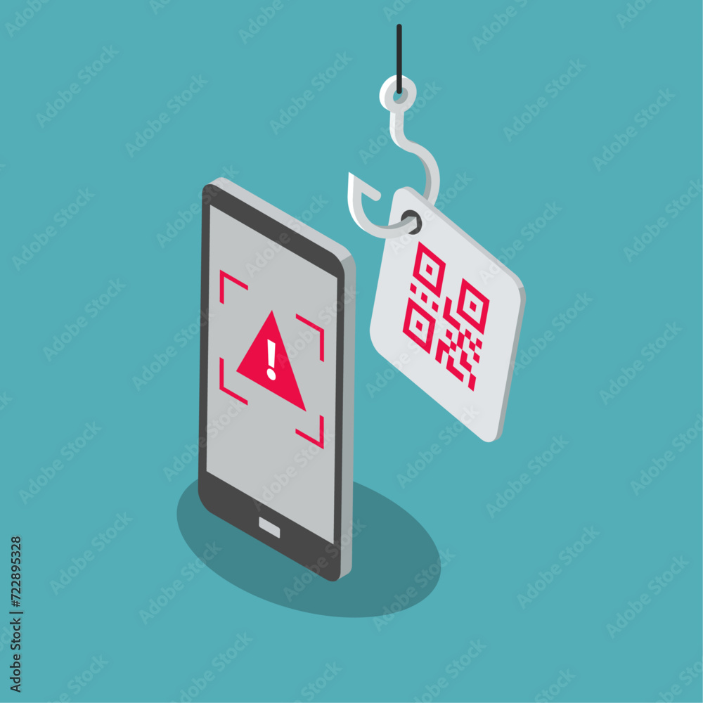 Poster QR code phishing attack symbol with a smartphone scanning a fake qr code. Flat design, easy to use for your website or presentation.