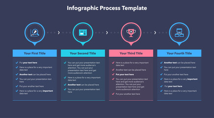 Infographic process template with four steps - dark version. SImple chart design for workflow layout, diagram, banner, web design.