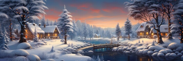 Winter serenity, holiday delight, snowy wonderland, Christmas sparkle, tranquil beauty, seasonal magic. Generated by AI. - obrazy, fototapety, plakaty