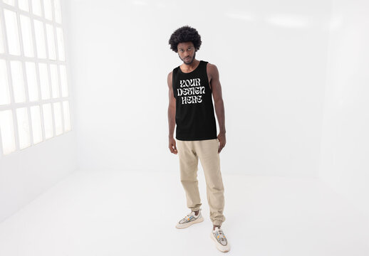 Mockup of man wearing customizable vest, full length