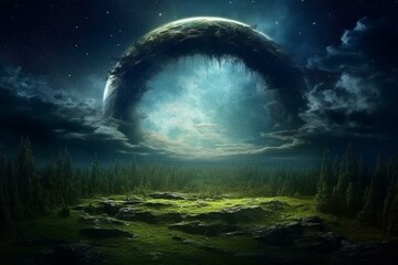 A bright shining moon surrounded by an ethereal outer ring, set against a blue sky filled with stars and perfect clouds. A view of pristine green nature on Earth. Generative AI