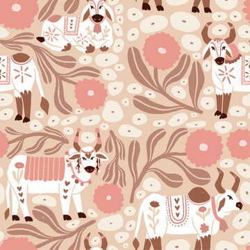 Various Indian Decorated Sacred Cows with marigold flowers and water Lilly leaves pink seamless pattern