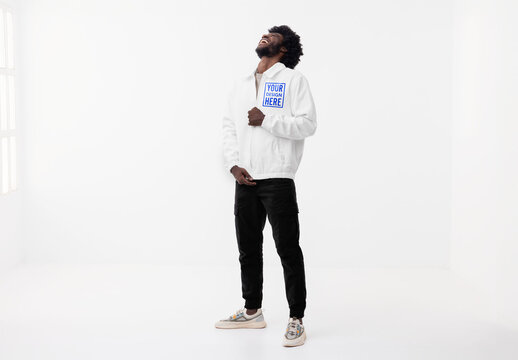 Mockup of man wearing customizable jacket, laughing