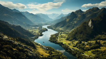 tourist mountain river surrounded by green plants in sunny weather, created with Generative AI Technology.
