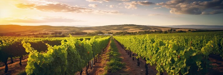 A scenic vineyard with orderly rows of grapevines. Lush, winemaking, agricultural abundance, vineyard rows, greenery, abundant harvest, picturesque beauty. Generated by AI. - obrazy, fototapety, plakaty