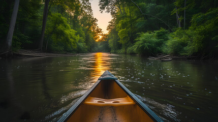 A canoe on a tranquil river, with lush forests on either side as the background, during a peaceful summer evening - obrazy, fototapety, plakaty