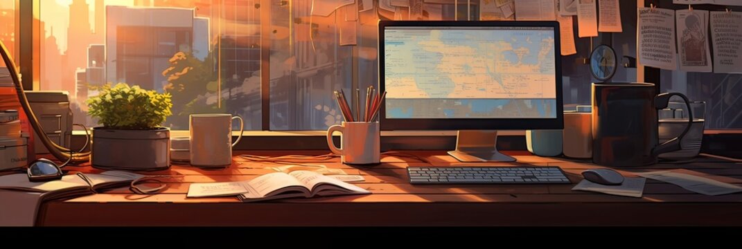 Programming, coffee break, software development, coding setup, code printouts, digital workspace, productivity boost. Generated by AI.