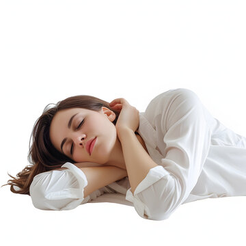 Woman awake early, unable to go back to sleep isolated on white background, photo, png
