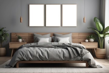 Blank frame mockup near bed. Empty white poster frame on the wall of bedroom. Modern contemporary design of luxurious cozy home interior, apartment background