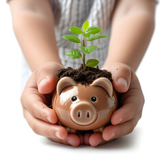 Person with a piggy bank and a growing plant, symbolizing savings and growth isolated on white background, cinematic, png
