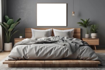 Fototapeta na wymiar Blank frame mockup near bed. Empty white poster frame on the wall of bedroom. Modern contemporary design of luxurious cozy home interior, apartment background