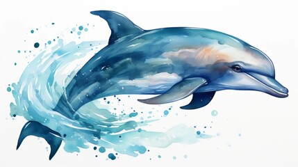 Watercolor dolphin drawing on a white background. Underwater art