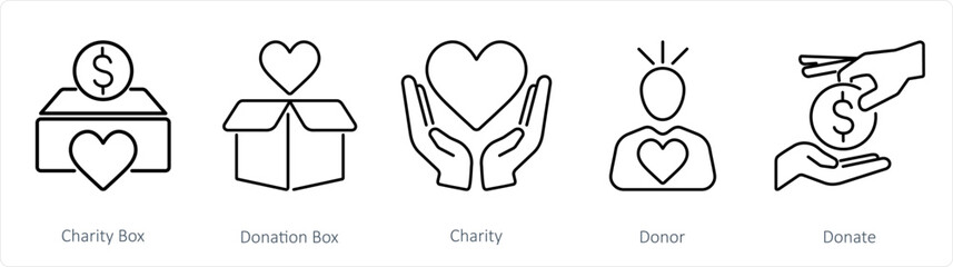 A set of 5 Charity and donation icons as charity box, donation box, charity