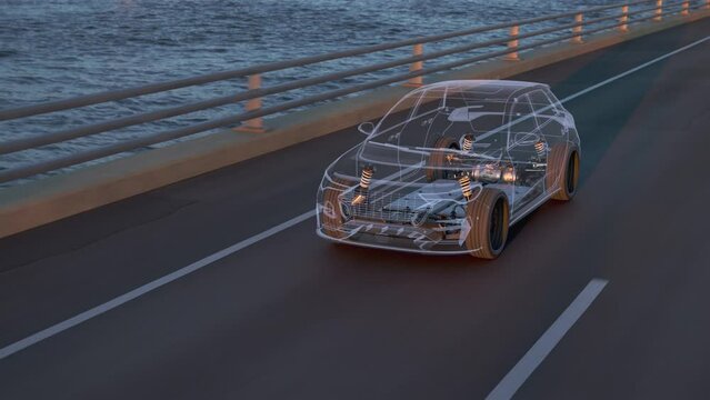 Animation of a generic electric car revealing the chassis with battery pack while driving along a bridge with wind turbines in background. Decarbonisation concept. High quality 3d rendering animation.