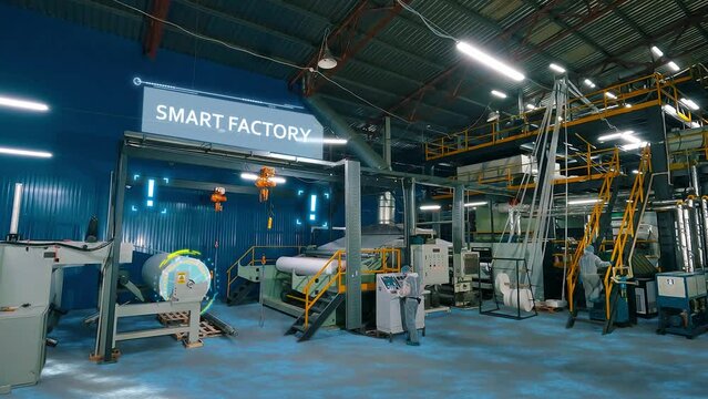 Visualization of a smart factory inside. Inside a smart factory concept. Visualization of smart industry. Non Woven Fabric Making Plant