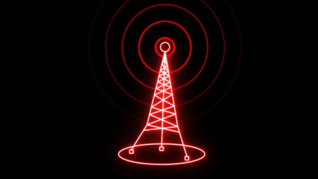 Neon wireless tower on a black background. A neon-glow symbol of a broadcast tower on a black background. Antenna tower icon collection, Radio tower icon; cell phone tower icon