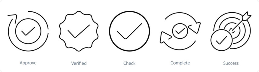 A set of 5 Checkmark icons as approve, verified, check - obrazy, fototapety, plakaty