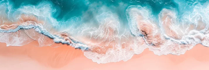 Keuken spatwand met foto Aerial View of Ocean, Waves and Beach Sand in the Style of Light Orange and Cyan - Ocean Pastel Color Scheme Shaped Canvas Background created with Generative AI Technology © Erasoiat