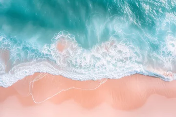 Gordijnen Aerial View of Ocean, Waves and Beach Sand in the Style of Light Orange and Cyan - Ocean Pastel Color Scheme Shaped Canvas Background created with Generative AI Technology © Erasoiat