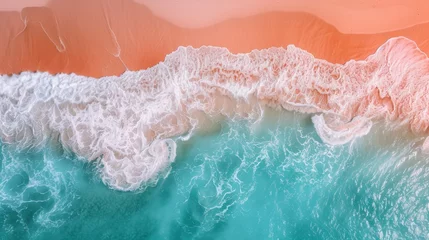 Fotobehang Aerial View of Ocean, Waves and Beach Sand in the Style of Light Orange and Cyan - Ocean Pastel Color Scheme Shaped Canvas Background created with Generative AI Technology © Erasoiat