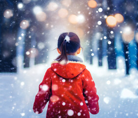 冬 大雪の銀世界で佇む赤いコートを着た少女の後ろ姿 (シネマティックイメージ )