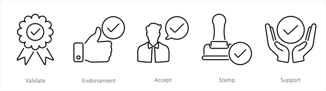 A set of 5 Checkmark icons as validate, endorsement, accept