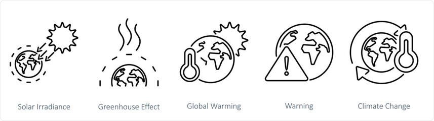 A set of 5 climate change icons as solar irradiance, greenhouse effect, global warming