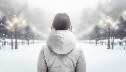 冬 雪景色の中に佇む女性の後ろ姿 (シネマティックイメージ )