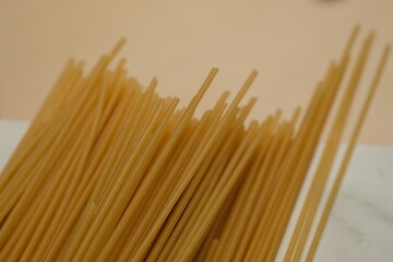 close-up of gluten-free spaghetti. Gluten-free spaghetti, made from whole wheat flour. This...