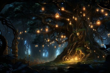 Enchanting woodland scene with soft bio luminescent glow creating a magical and serene atmosphere