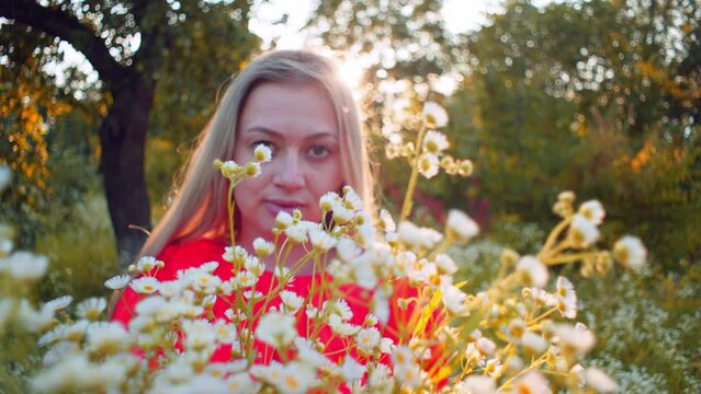 Beautiful Caucasian woman is romantic with a bouquet of daisies. the concept of nothingness of the girl's warmth at sunset. High quality 4k footage