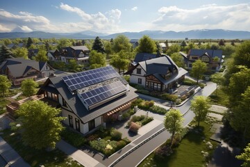 Eco friendly suburban neighborhood with solar panels, electric vehicles, and green spaces