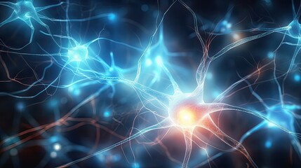 Naklejka na ściany i meble Neuron cells, intricate links, nervous system, complex web, electrical communication, captivating journey, electrifying brain. Generated by AI.