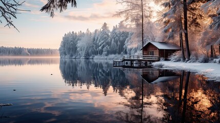 Peaceful, stillness, frozen lake, pristine reflections, calm nature, tranquil beauty, wintertime magic. Generated by AI.