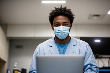 Fototapeta na wymiar a nurse in a medical office, wearing a surgical mask, focused on her laptop at the desk