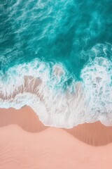 Fototapeta na wymiar Aerial View of Ocean, Waves and Beach Sand in the Style of Light Orange and Cyan - Ocean Pastel Color Scheme Shaped Canvas Background created with Generative AI Technology