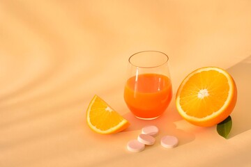 Orange juice and orange, effervescent tablets.  Vitamin C, prevention and treatment of colds.