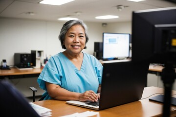 a nurse in a medical office, wearing a surgical mask, focused on her laptop at the desk