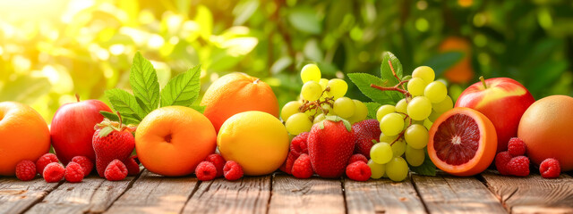 Mixed fresh fruits on wooden surface with sunlight.

