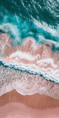 Fototapeten Aerial View of Ocean, Waves and Beach Sand in the Style of Light Orange and Cyan - Ocean Pastel Color Scheme Shaped Canvas Background created with Generative AI Technology © Erasoiat