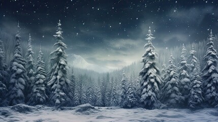 Fototapeta na wymiar Snowy pine trees creating a picturesque forest scene. Winter's charm, serene woods, snowy beauty, cold-weather tranquility, tranquil snowy landscape. Generated by AI.