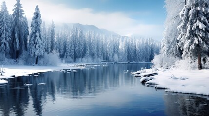 Snow-dusted trees encircle a tranquil lake. Serene winter scene, peaceful waters, snowy forest, picturesque beauty, frozen lake, tranquility of the season. Generated by AI.