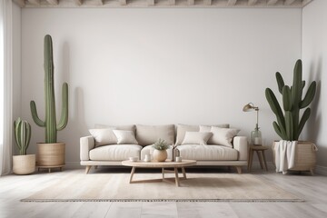 Beautiful spring decorated interior in white textured colors. Living room, beige sofa with a rug and a large cactus - Powered by Adobe