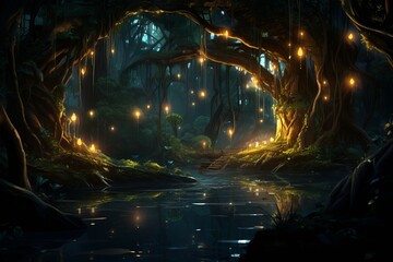 Enchanting forest with bioluminescent trees creating a magical serene atmosphere in a woodland scene