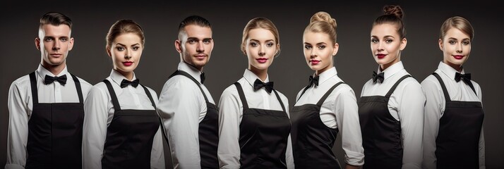 Waitstaff, black and white uniforms, professionalism, elegance, serving patrons, timeless sophistication, formal dining. Generated by AI.