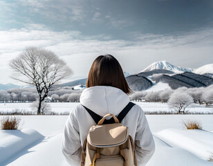 冬 晴れた雪景色の中に佇む女性の後ろ姿 (山ガール）
