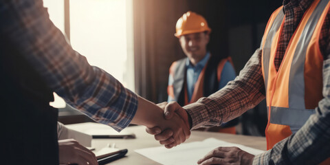 Worker man and contractor shaking hands success of the project work together.