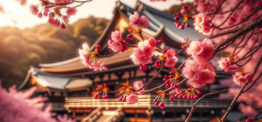 Sakura Cherry Blossoms with Traditional Japanese Temple, Stunning pink Sakura cherry blossoms framing a traditional Japanese temple in the background, a symbol of spring and beauty.
